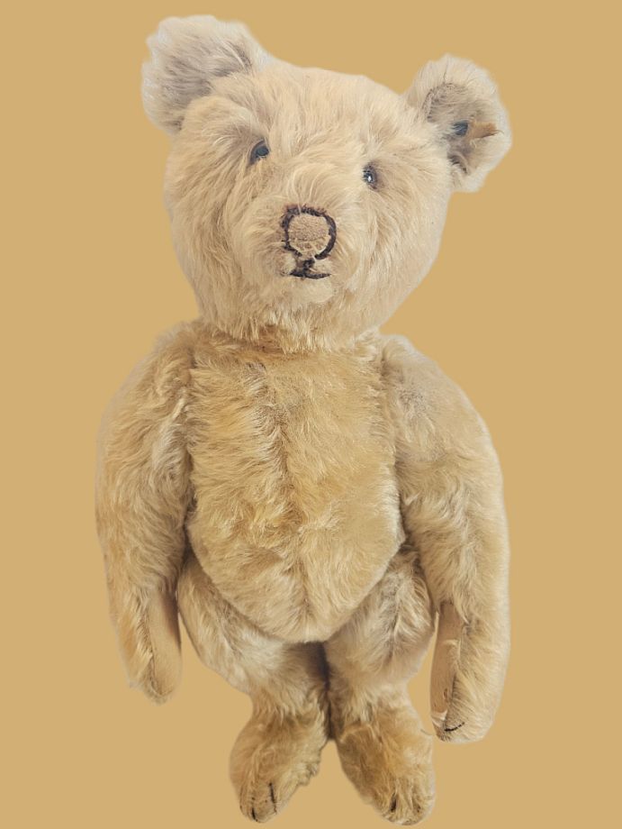 Petit ours en peluche vintage de 10 po., articulé, yeux en verre, couineur fonctionnel - France